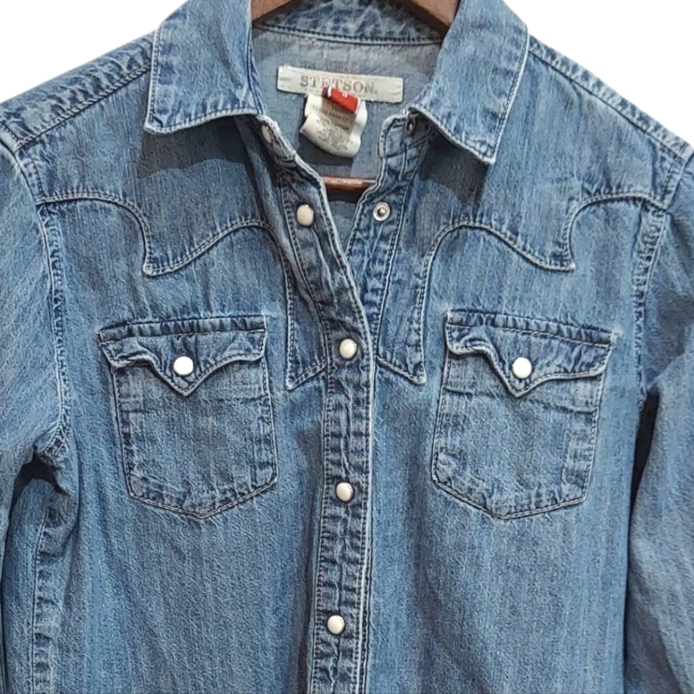 Girls Stetson Western Denim Pearl Snap Long Sleeve Shirt - Picture 3 of 8
